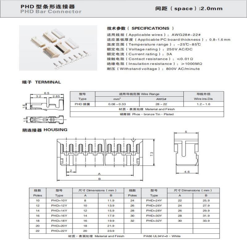 CWB合兴PHD-20Y 2*10Y 2*5白色10Y连接器 2.0mm 胶壳端子TJC20085