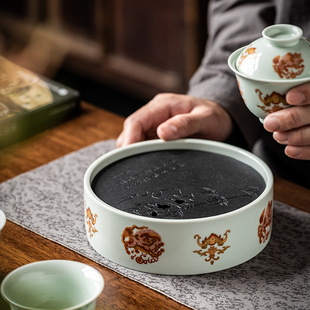 复古青花釉里红壶承干泡台家用陶瓷高端储水茶承茶具配件养壶托盘