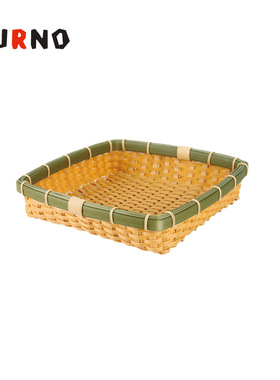 仿竹PP塑料手工编织 十字花纹绿色边框浅围篮子 易清洗耐细菌