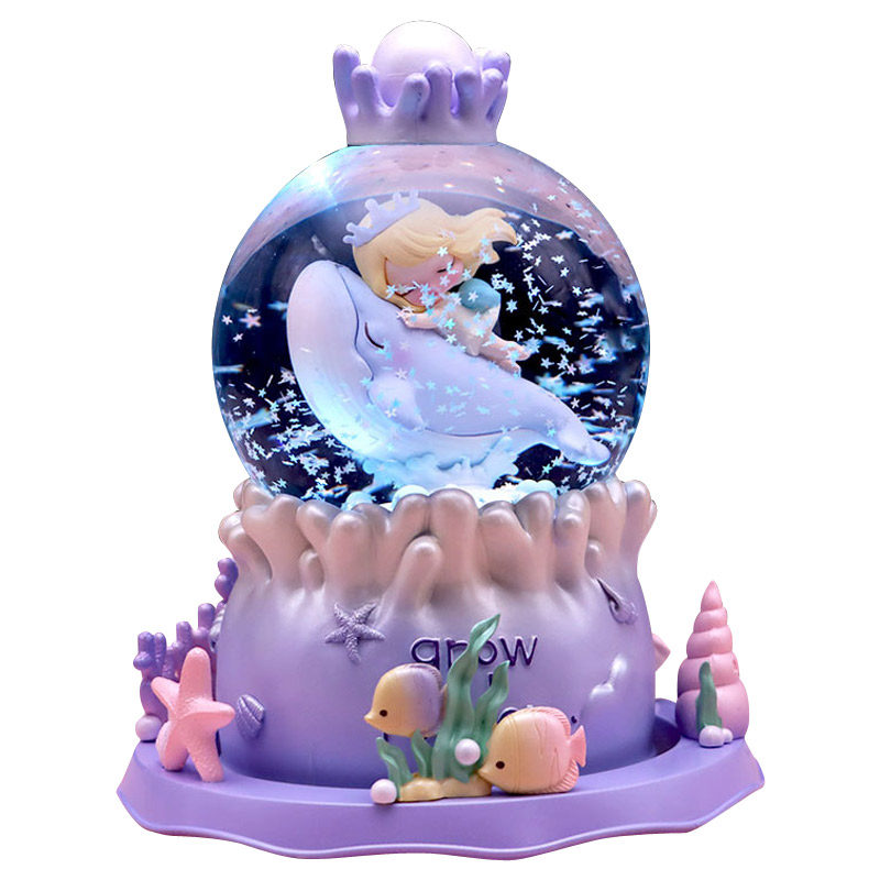 梦幻儿童水晶球海豚女孩生日礼物音乐盒公主飘雪八音盒圣诞节摆件