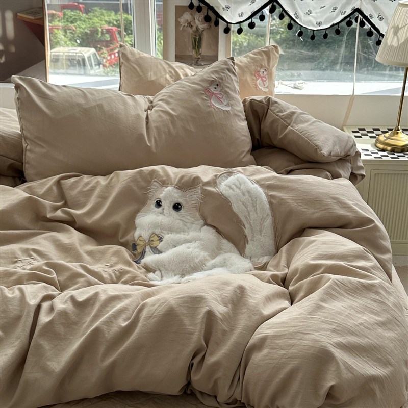 晚安猫少女心水洗棉贴布绣猫咪四件套被套床单宿舍三件套床上用品