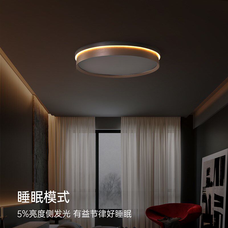现代简约灰色拉丝高级感铝材圆形主卧室餐厅背景光书房客厅吸顶灯