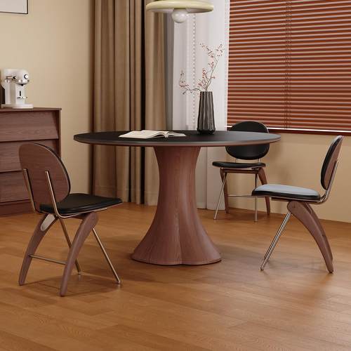 覆古风实木餐桌圆形意式轻奢胡桃木色高端客厅家用小户型岩板餐桌