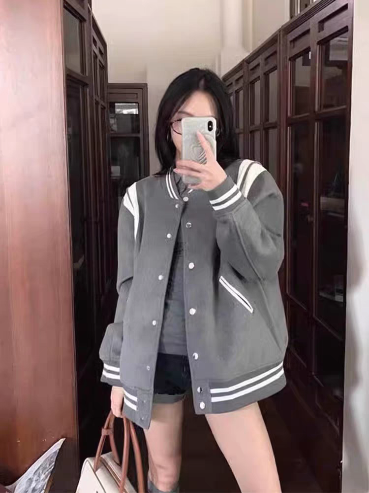 复古撞色vibe风条纹灰色棒球服春季2025新款街头潮酷嘻哈夹克外套
