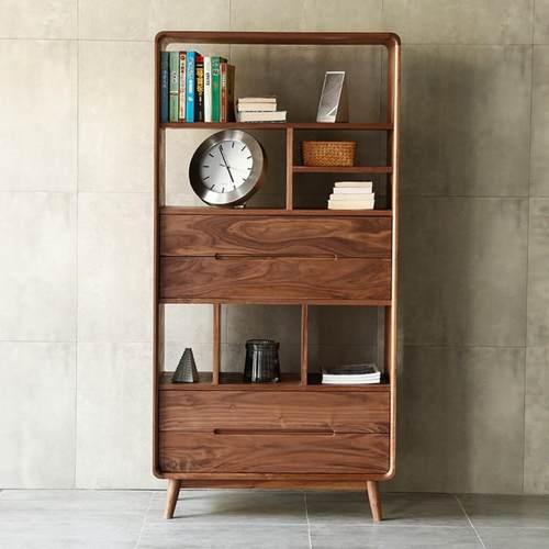 北欧全实木书柜黑胡桃木书架书房大容量收纳书报架收纳柜原木书橱