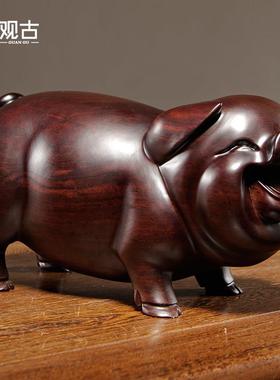 黑檀实木质雕刻一对猪摆件十二生肖木制猪吉祥物客厅装饰工艺礼品