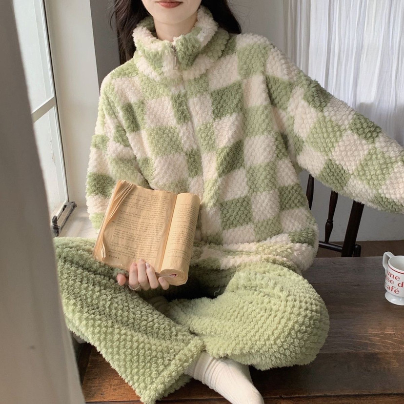 珊瑚绒睡衣女秋冬季加绒加厚格子拉链高领可外穿法兰绒冬天家居服