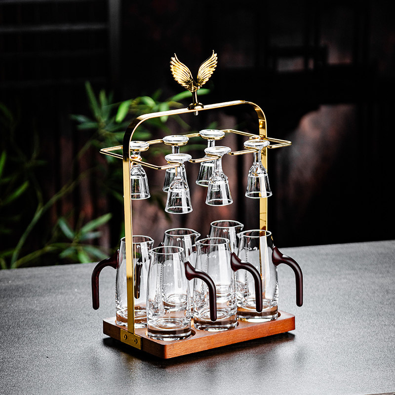 高档家用水晶玻璃白酒杯分酒器杯架酒具套装二两木纹带把带刻度