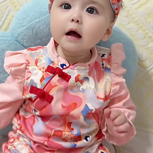 连体衣秋季 长命富贵婴儿新中式 盘扣国风百天衣服周岁女宝宝礼服