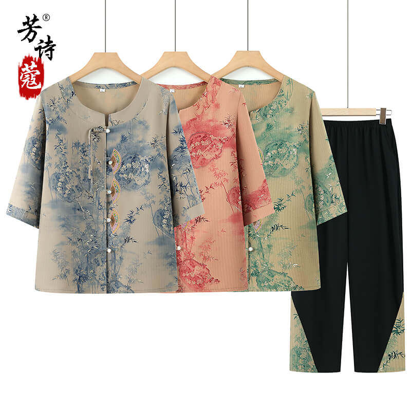 老年人女夏装奶奶衬衫中国风两件套60岁妈妈夏季套装太太婆婆衣服