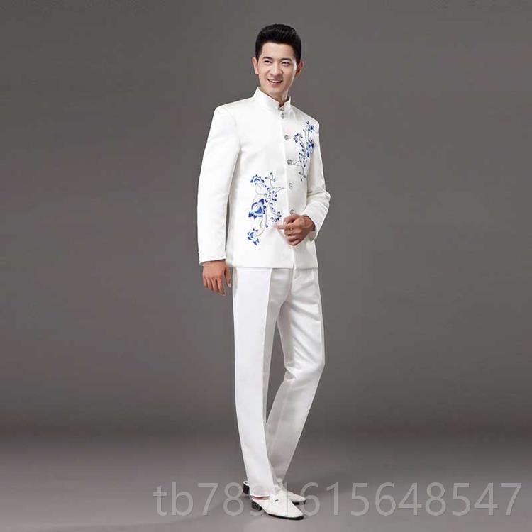 正品花瓷白服色中山装演出服梅花刺成人男青礼服表演二胡独唱主绣