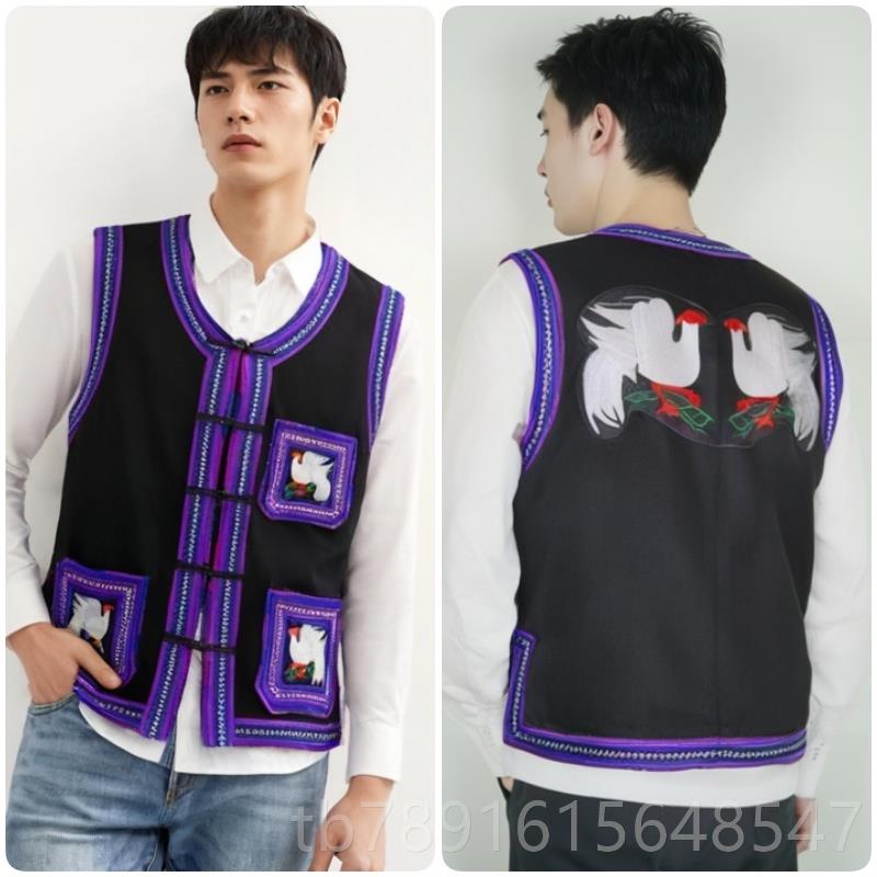 正品云南哈尼族服装男士甲2少0马24新款红河江数民墨族演出服刺绣