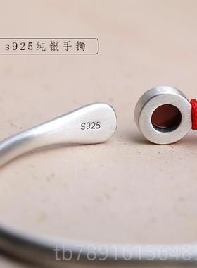正品文艺92开5银南细手镯亚光实心纯口镶嵌红玛瑙小众设计中式手