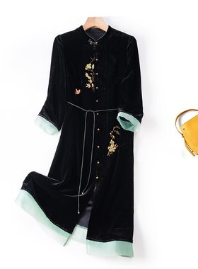 100%桑蚕丝基布丝绒高档女装刺绣中国风带兜轻奢真丝连衣裙