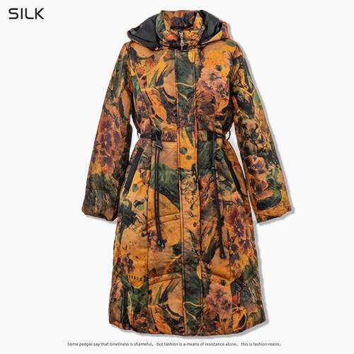 100%桑蚕丝90白鸭绒香云纱羽绒服复古风连帽女款白鸭防钻绒羽绒服