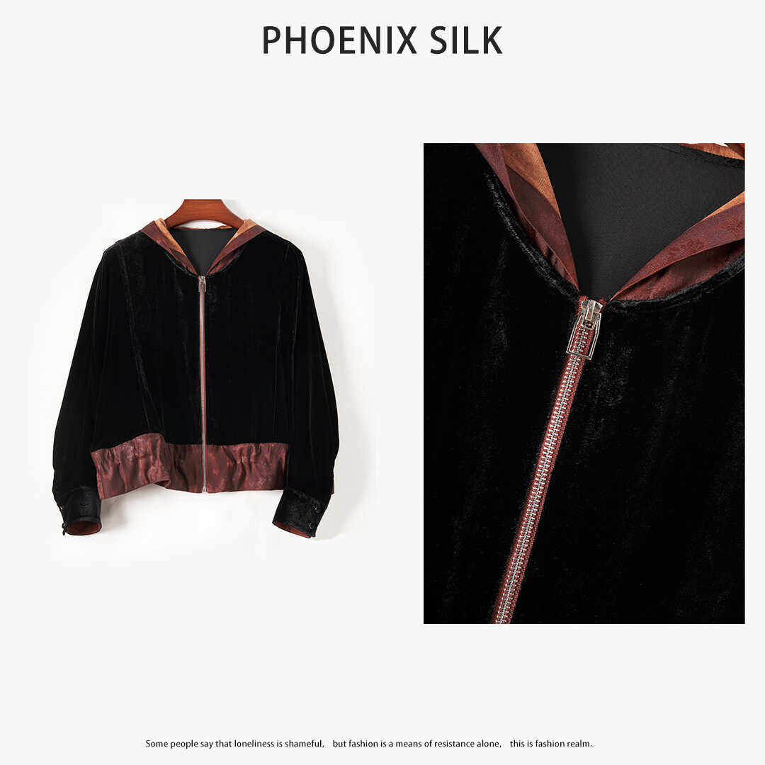 100%桑蚕丝红云纱提花桑波缎拼接真丝丝绒连帽高级感女装长袖外套,女装/女士精品,短外套,淘宝优惠券,粉丝福利购,淘宝优惠卷