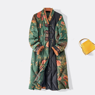 中式100%桑蚕丝90白鸭绒香云纱女装羽绒服香云纱高端长款羽绒服