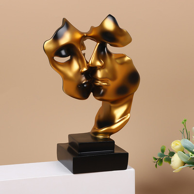 创意情侣亲吻人脸面具树脂摆件个性家居房间装饰摆件