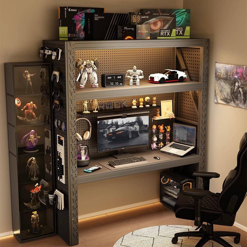 货架电脑桌带洞洞板家用书桌可升降台式电竞桌diy多层收纳置物架