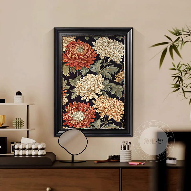 中古风客厅装饰画复古花卉沙发背景墙挂画餐厅卧室床头壁画砂岩画图片