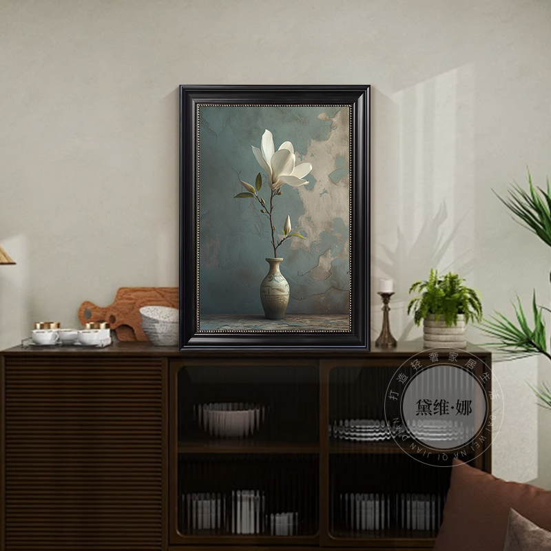 复古餐厅装饰画荷花中古风高级感花卉客厅沙发背景墙挂画玄关壁画图片