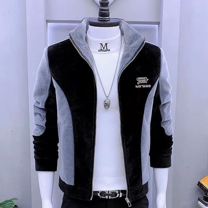 拼色外套男立领韩版潮流痞帅x男士夹克冬季仿水貂绒加绒加厚棉衣