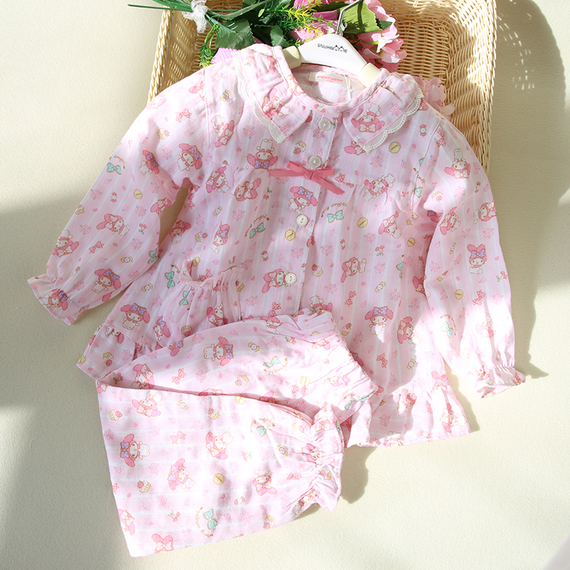 女童全棉双层纱布睡衣春夏秋季纯棉儿G童纱布家居服亲子起居服套