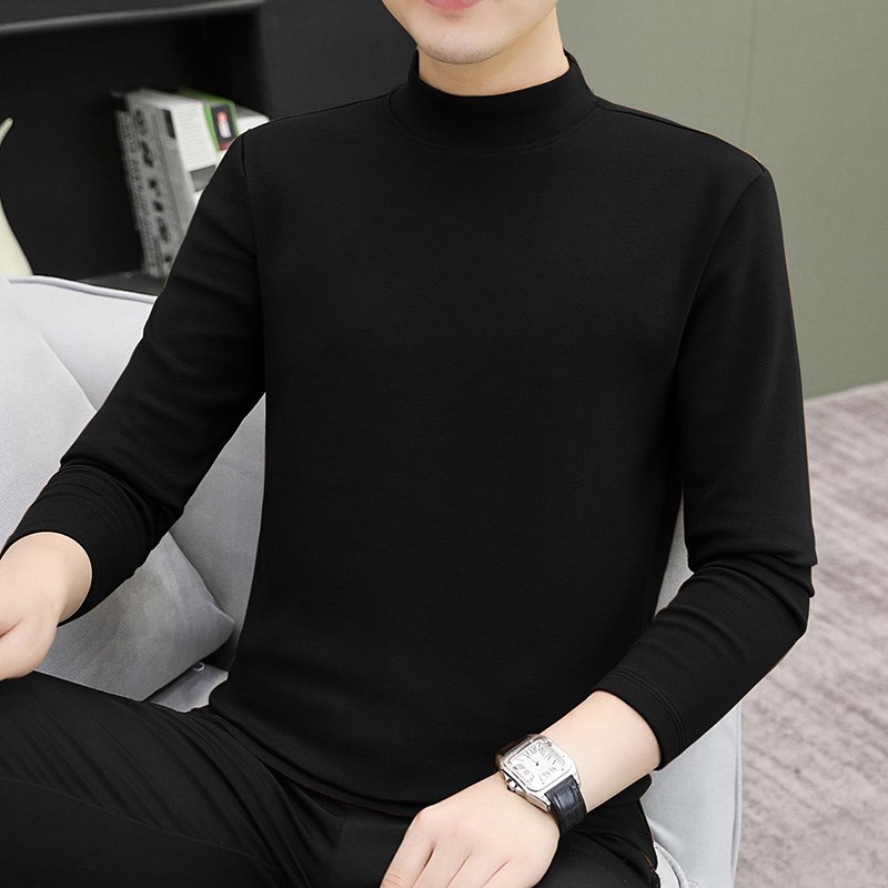 中领长袖t恤男士中领内搭2024秋冬新款打底衫加绒U加厚保暖秋衣男
