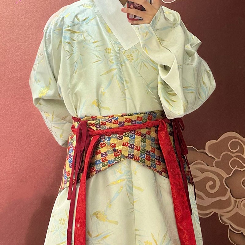 惜物国风 明制汉服明q代初期织金竹叶纹交领窄袖打褶长衫秋冬日常