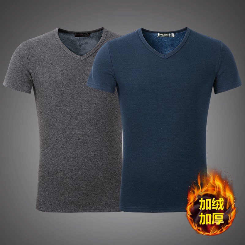 2件】冬季男士加绒短袖t恤V领纯色打H底衫加厚保暖秋衣冬天棉半袖