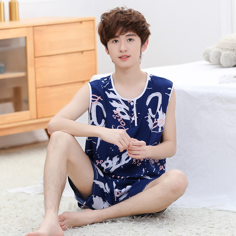 夏季青少年儿童棉绸睡衣背心短裤大童学生薄款无袖V男童绵绸家居