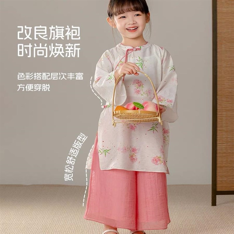 新中式两件套汉服女童夏款t盘扣印花上衣裤子国潮2025古风宋元素