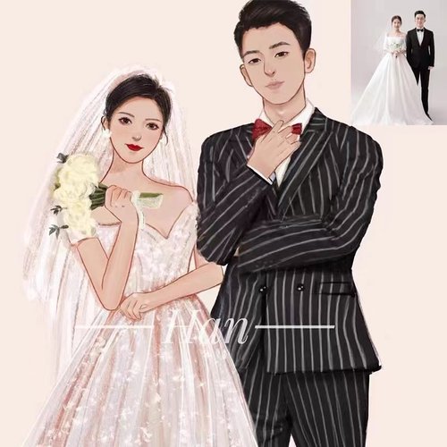 婚纱照手绘头h像设计情侣卡通闺蜜结婚请柬真人照片漫画定制
