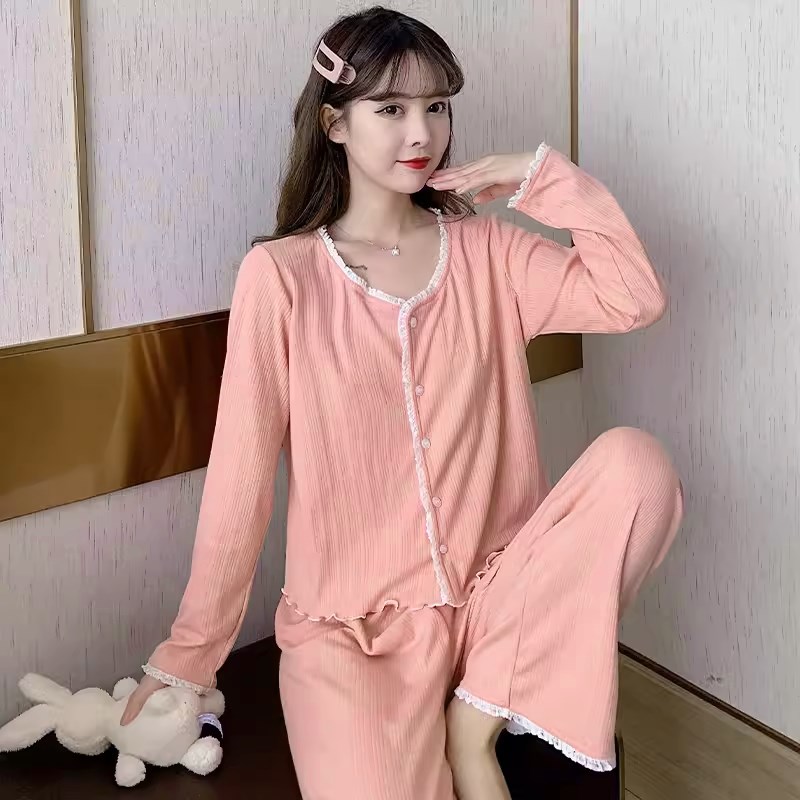 睡衣女春秋甜美纯色可外穿长袖长裤套装韩L版可爱加大码学生家居