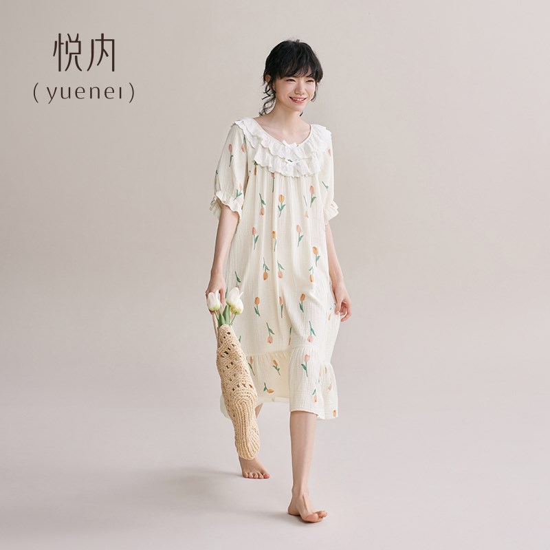 悦内睡裙女士睡衣女款夏季夏款夏天纯棉纱布短袖V薄款公主风日系