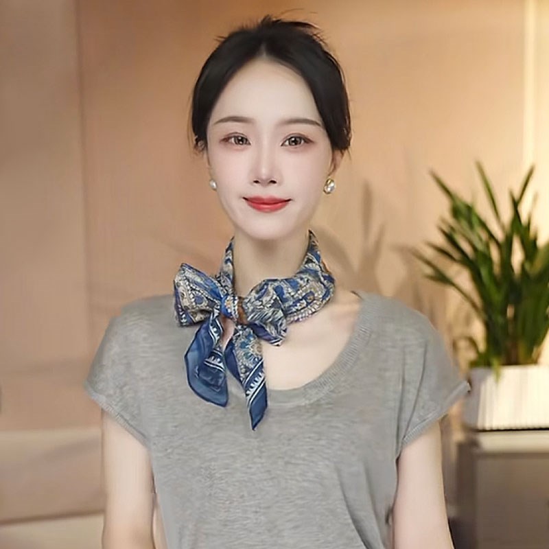2025新款丝巾女薄款西丽纱方巾时尚百搭防晒披肩S围巾蓝色气质腰