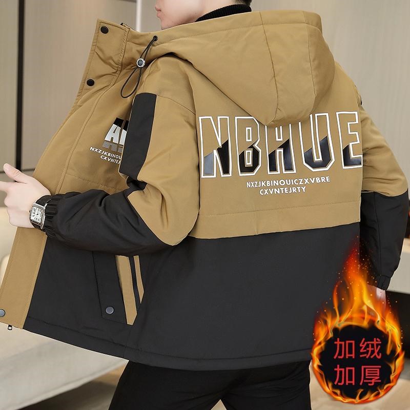 冬季加绒加厚夹克男韩版潮流青少年学生宽松连帽工装W男士外套上