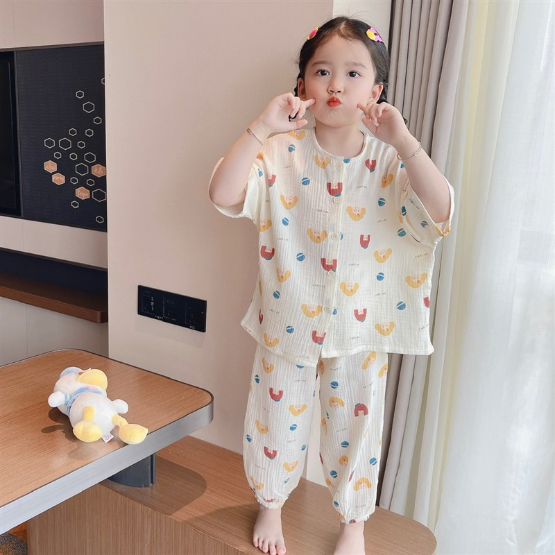 儿童夏季五分袖长裤家居服套装纱布棉男童短R袖睡衣女童空调服