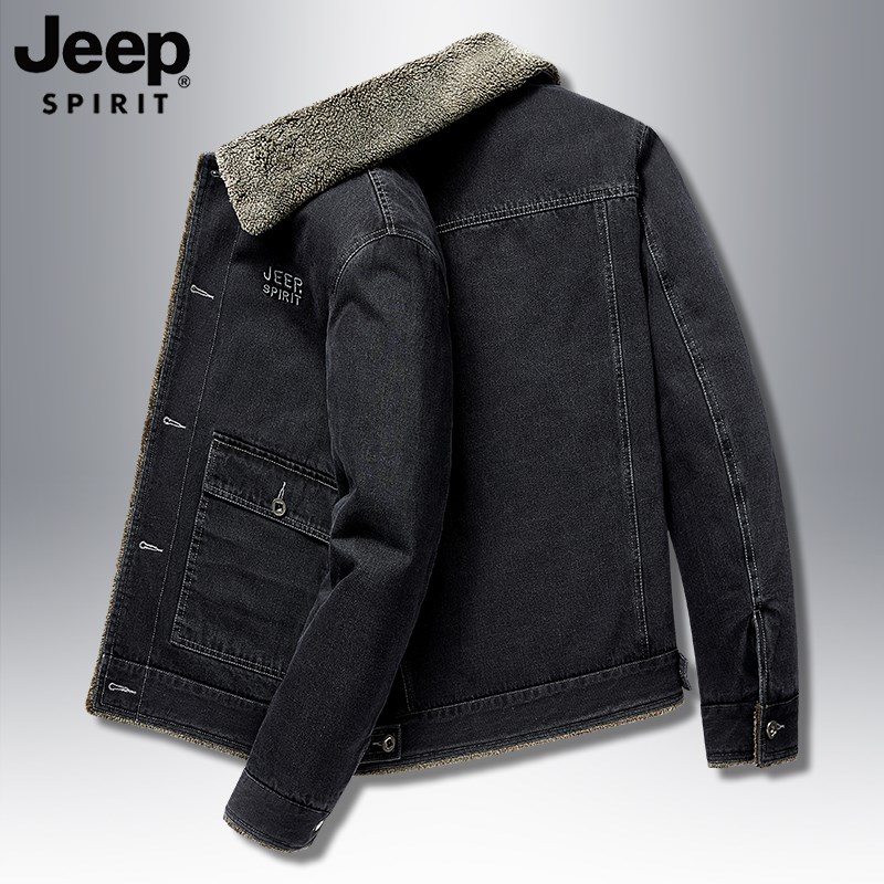 吉普牛仔加绒棉衣外套男冬季中老年爸爸加厚棉服羊羔X绒翻领夹克