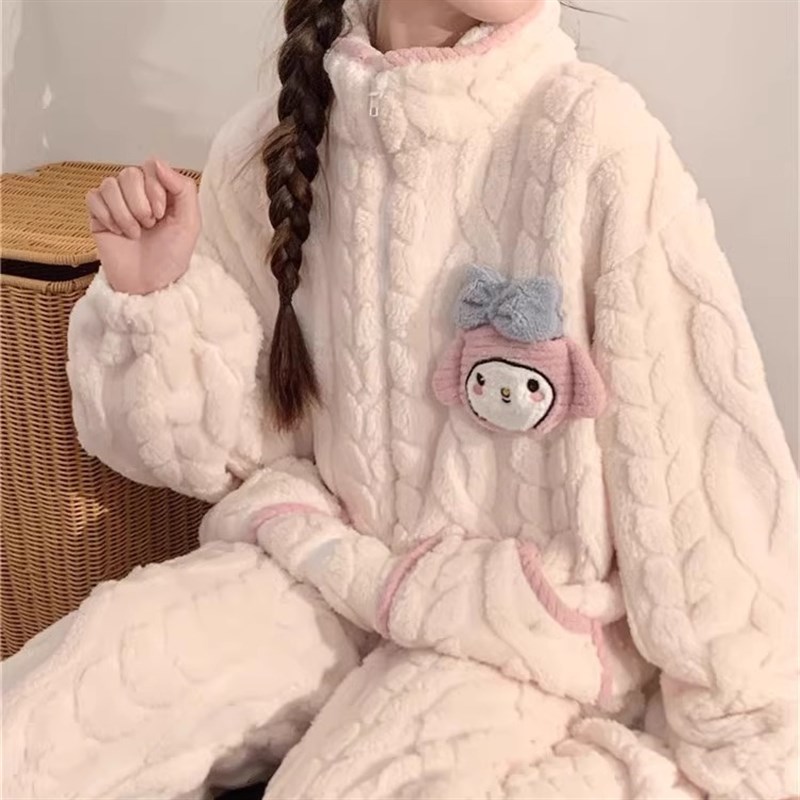 珊瑚绒睡衣少女秋冬季加绒加厚2024新款拉链卡R通法兰绒冬天家居