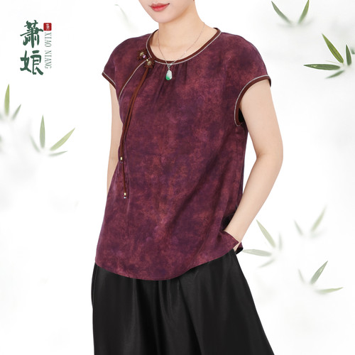 【醉胭脂】红云纱上衣桑蚕丝新中式圆领时尚宽松女上衣XNB0064