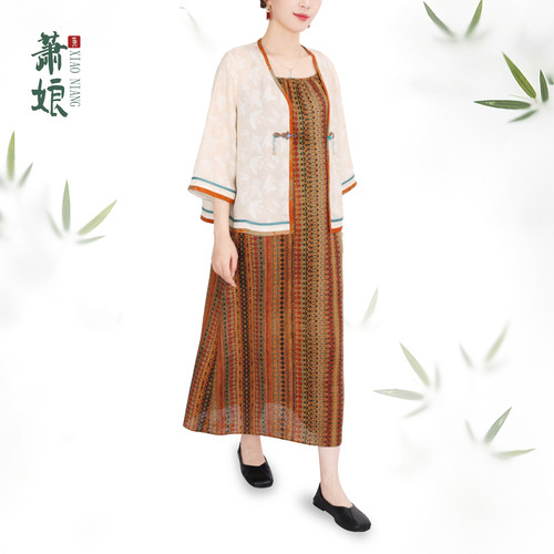 萧娘【婉菱】红云纱设计感休闲新中式气质宽松连衣裙XNB0091