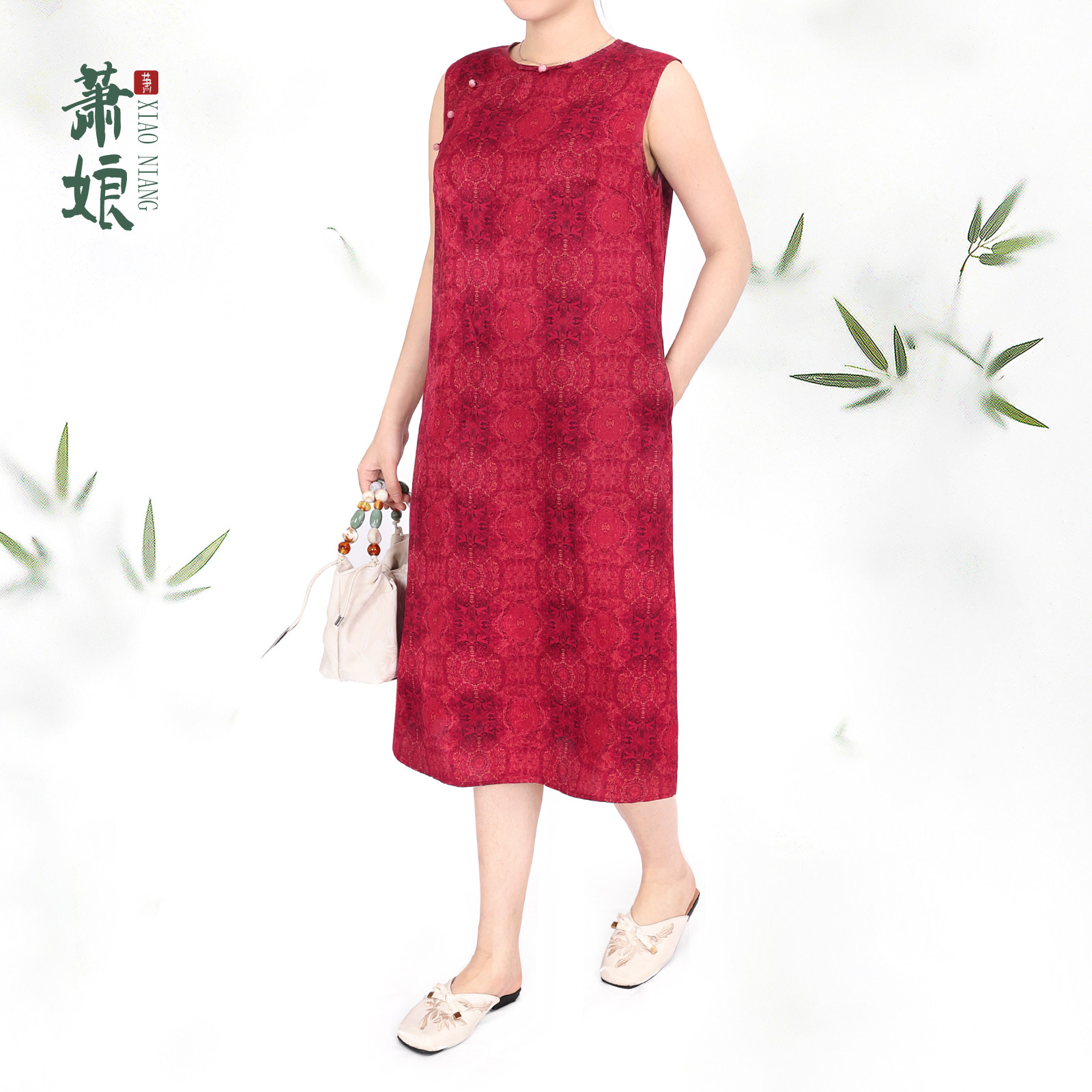 萧娘【绯瞳】非遗红云纱印花缎新中式国风连衣裙5521、5601、5605图片