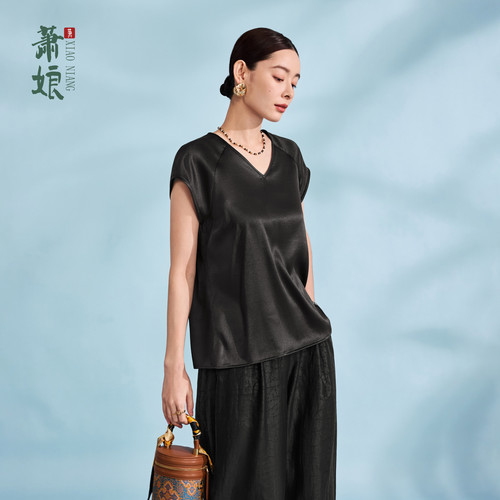 萧娘【墨莲香云纱女上衣新中式桑蚕丝中国风T恤女XNA1069