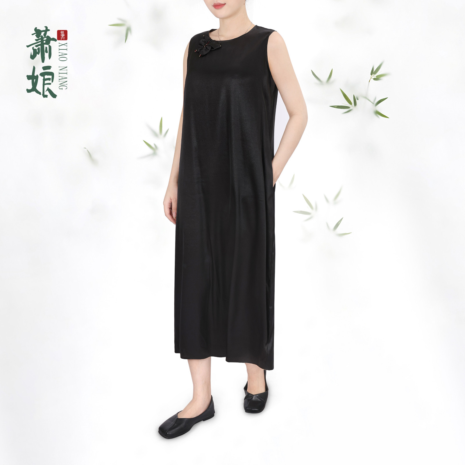 萧娘【静璇】2026夏弹力缎宽松连衣裙新中式中国风桑蚕丝长款1695