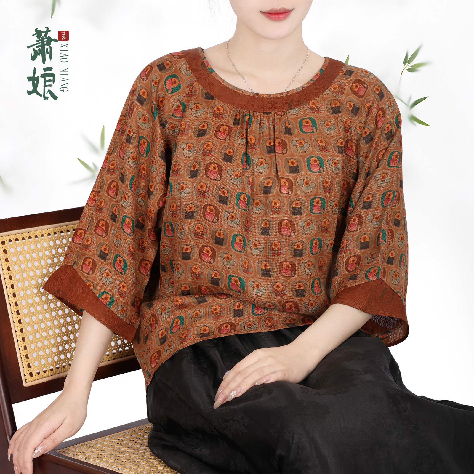 萧娘【锦婳】花罗红云纱圆领长袖上衣桑蚕丝新中式国风女上衣5596