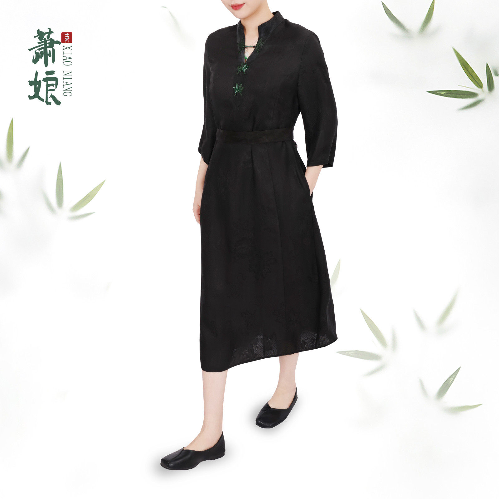 萧娘【国色天香】花罗香云纱连衣裙新中式立领气质国风裙春夏5145