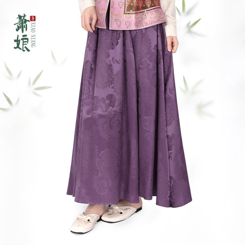 萧娘2026夏季新款桑蚕丝大摆裙紫色提花真丝半身裙5384