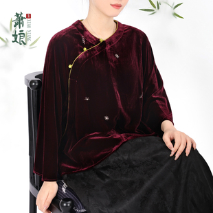 长袖 真丝植绒上衣新中式 套头百搭桑蚕丝女上衣XN5839 冬宜 萧娘