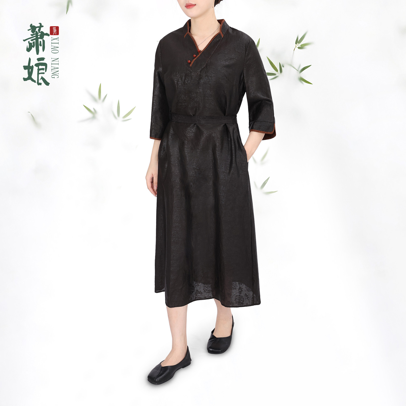 萧娘【春华秋实】莨纱缠枝芙蓉花连衣裙新中式女裙桑蚕丝长裙5177
